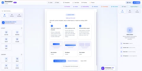 PostBrix drag-and-drop email builder interface showing the visual editor with blocks panel, canvas, and properties panel